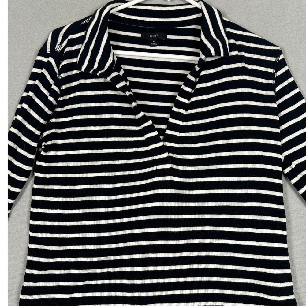 J Crew Top Womens Medium Polo V-Neck Black White Striped Ribbed Knit Long Sleeve